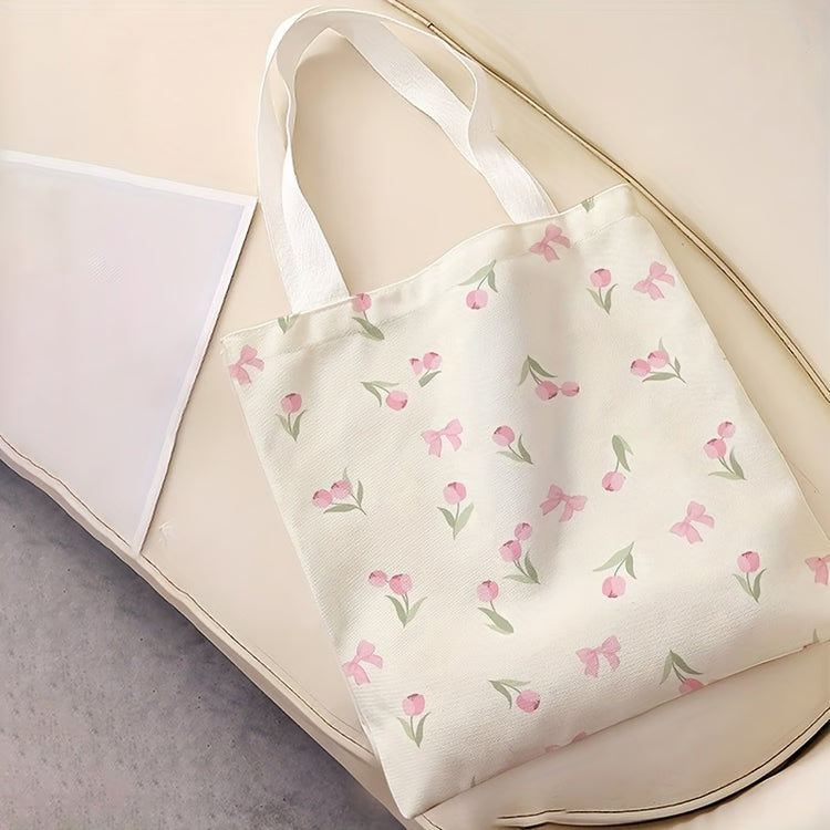 Tulip Print Canvas Tote Bag Reusable Floral Handbag