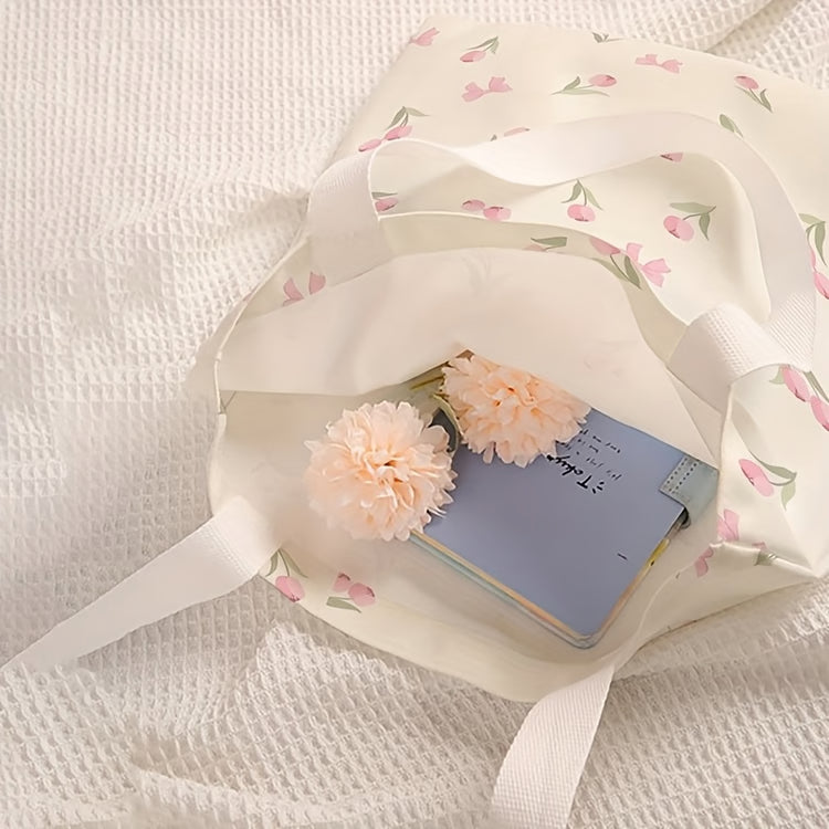Tulip Print Canvas Tote Bag Reusable Floral Handbag