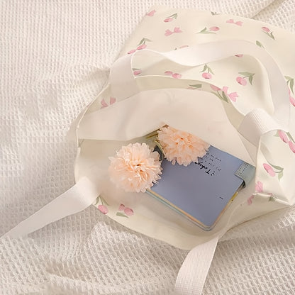 Tulip Print Canvas Tote Bag Reusable Floral Handbag
