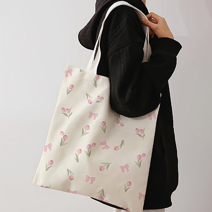 Tulip Print Canvas Tote Bag Reusable Floral Handbag