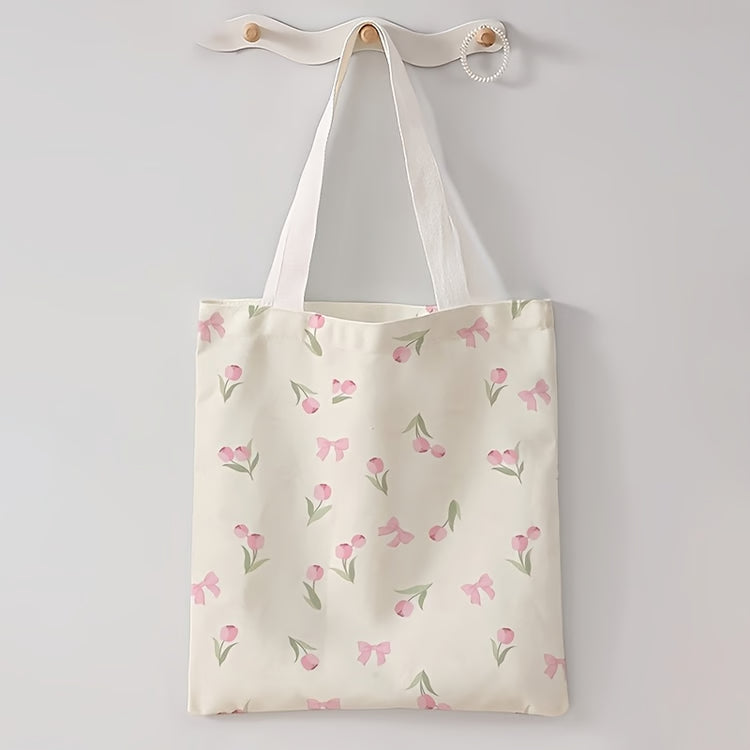 Tulip Print Canvas Tote Bag Reusable Floral Handbag
